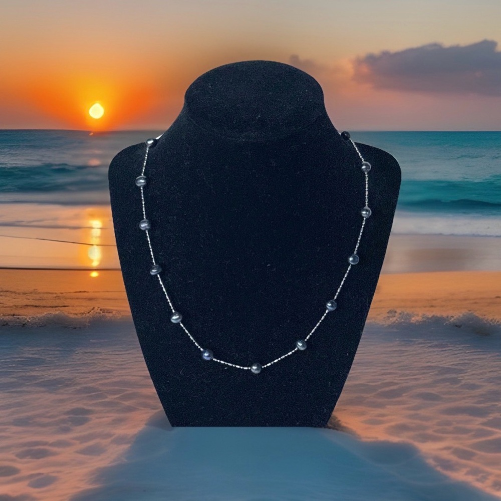 Elegant Freshwater Black Pearl Tin Cup Necklace Silver Chain Fine Jewelry Gift
